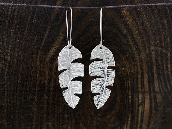 Pewter Bird of Paradise Leaf Earrings, Tropical House Plant Jewelry, Modern Pewter Lead Free, Handmade Botanical Earrings