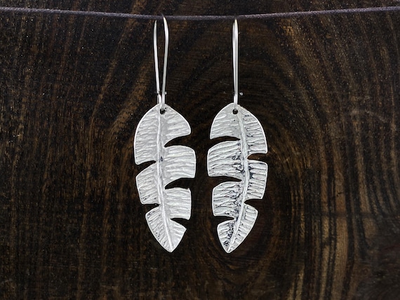 Pewter Bird of Paradise Leaf Earrings, Tropical House Plant Jewelry, Modern Pewter Lead Free, Handmade Botanical Earrings