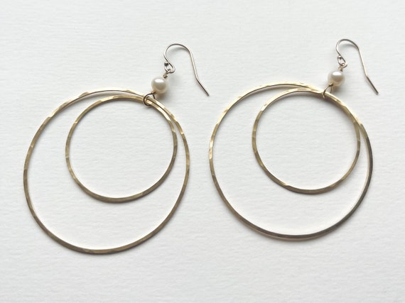 Brass and Pearl Double Circle Earrings, Bold Lightweight Jewelry, Natural Freshwater Pearls, 14k gold fill hooks