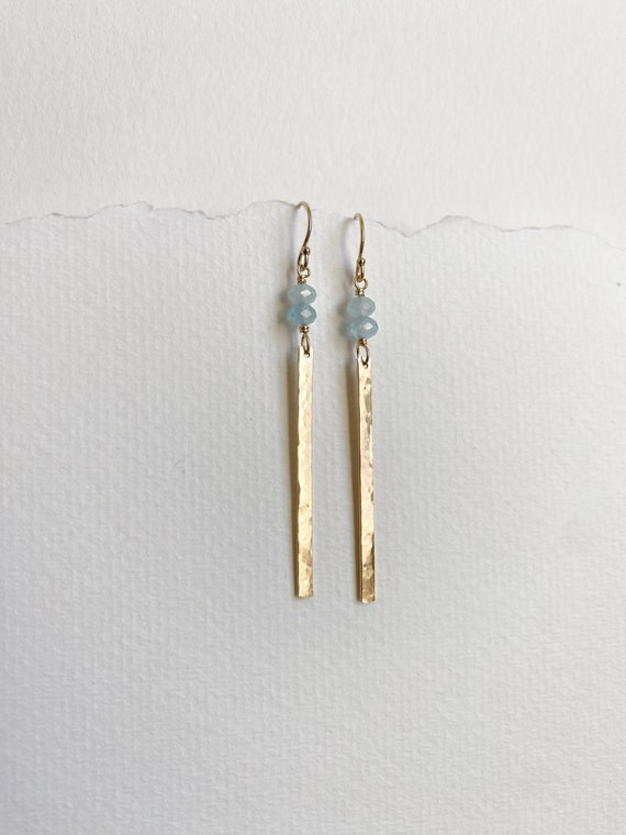 Aquamarine & Gold Long Earrings, March Birthstone, 14k Gold Fill