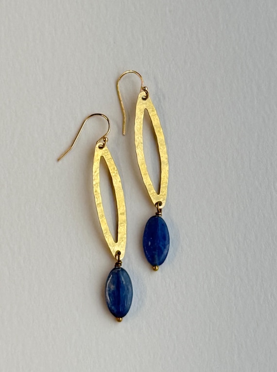 Kyanite and Brass Marquise Earrings with 14k gold fill hooks