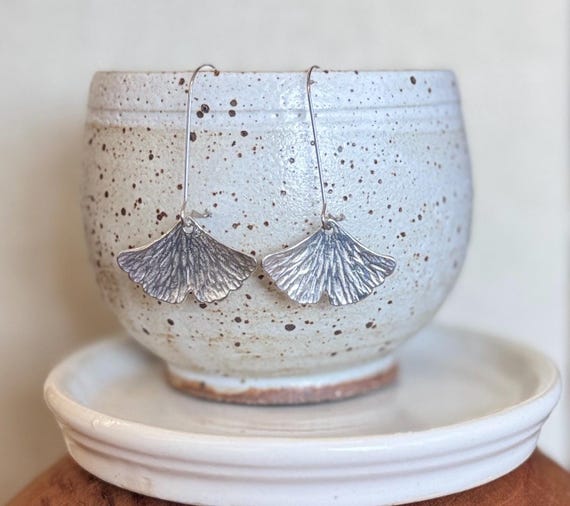 Pewter Ginkgo Leaf Earrings, Small Fan Style, Modern Pewter Lead Free, Handmade Botanical Earrings