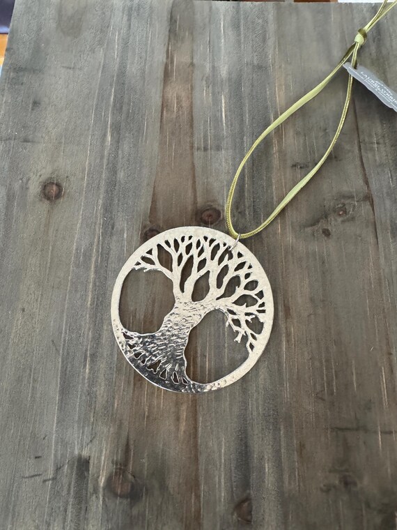 Handmade Ornament, Tree of Life, Pewter,  Velvet Ribbon, silver
