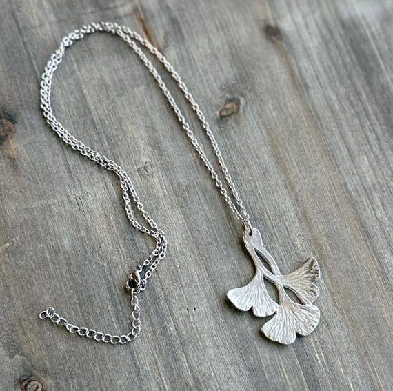 Pewter Triple Ginkgo Leaf Necklace, Modern Pewter Lead Free, Handmade Necklace