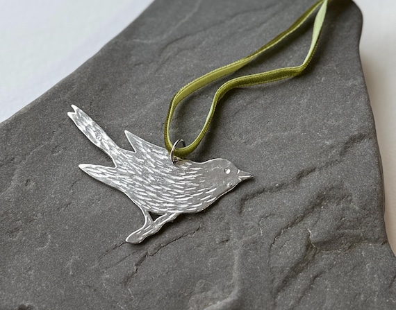 Handmade Ornament, Pewter, Bird on Branch, Velvet Ribbon, nature decor.