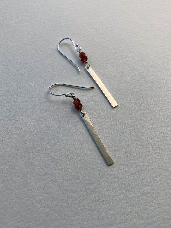 Sterling Silver Line & Garnet Earrings, Pretty Hammer Texture Silver Rectangle, Natural Dark Red Gemstone Earrings, January Birthstone