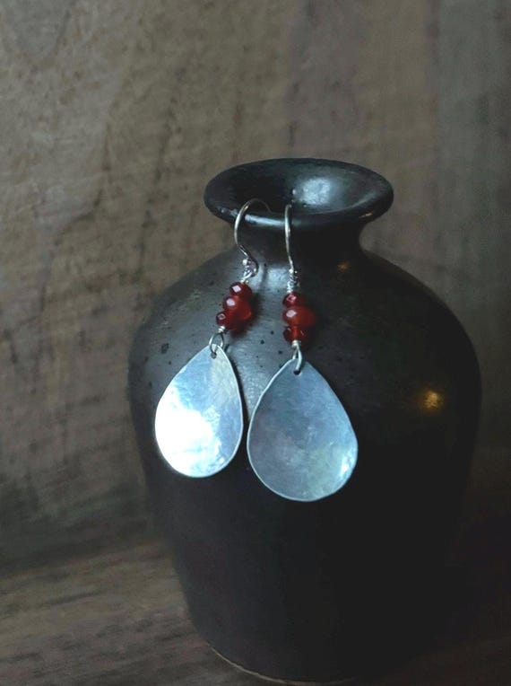Silver & Carnelian Earrings, Pretty Hammered Texture Sterling Silver Teardrop, Natural Red Orange Gemstone Earrings