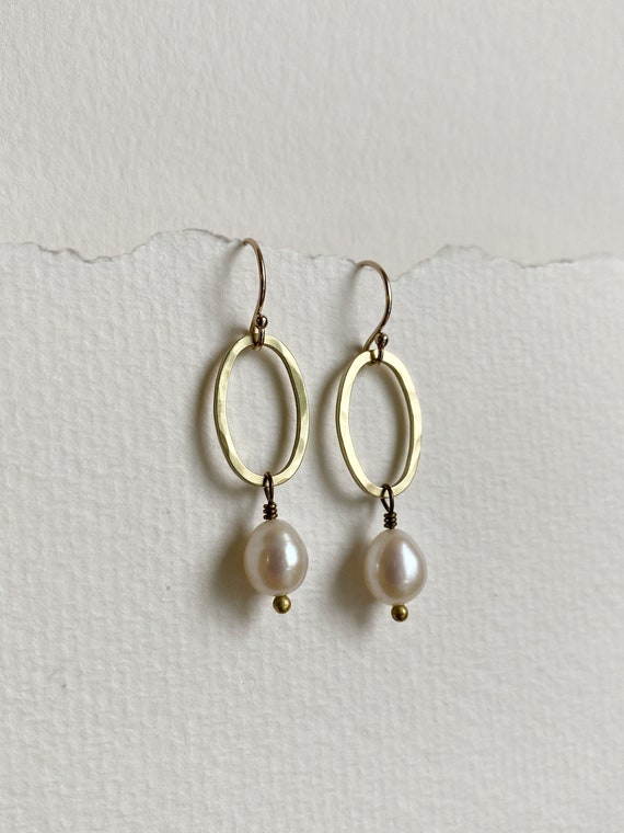 Pearl Oval Drop Earrings, Brass Earrings, Gold and White Freshwater Pearl Earrings, June Birthstone