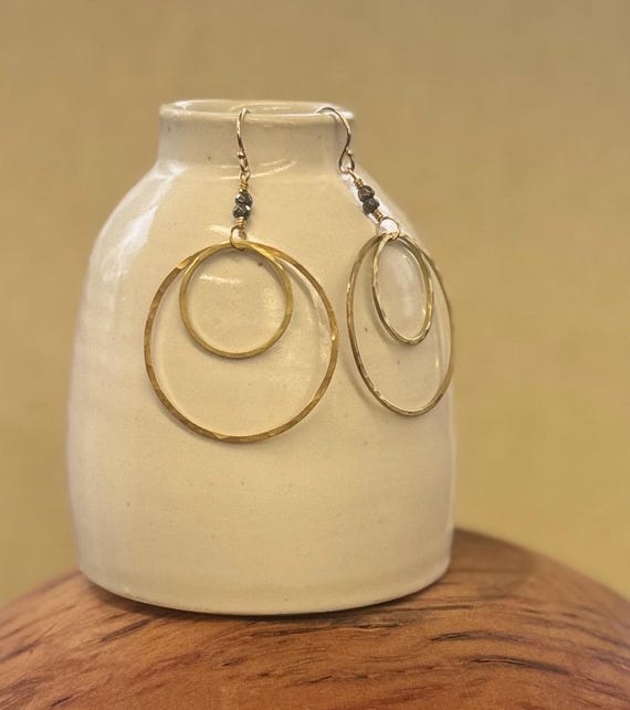 Double Hoop Brass Earrings, sparkly pyrite stones, Bold Lightweight Jewelry, 14k gold fill hooks