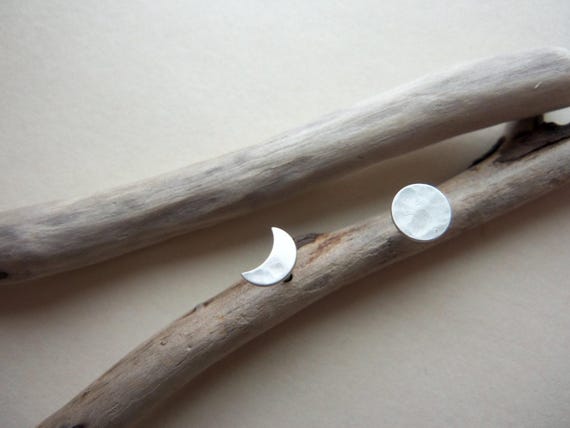 Silver Moon Phase Post Earrings, Mismatched Earrings, Lunar Jewelry