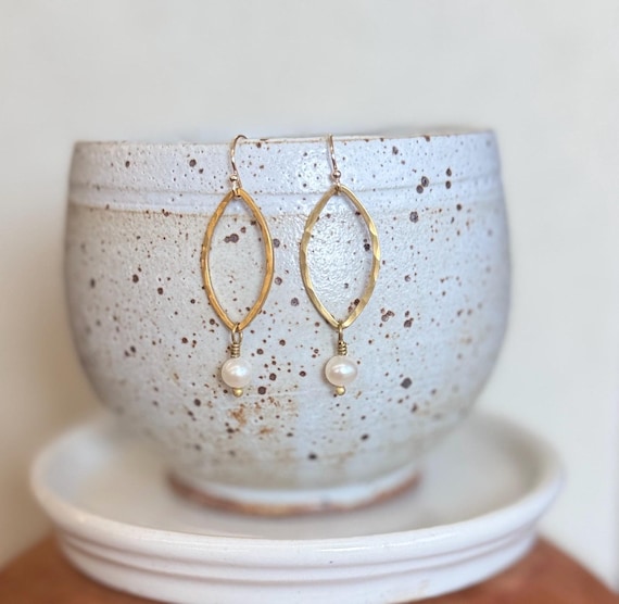 Small Brass Pearl Earrings. Oval Shape Earrings with Pearls