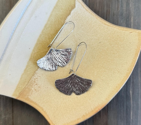 Pewter Ginkgo Leaf Earrings, Fan Style, Modern Pewter Lead Free, Handmade Botanical Earrings