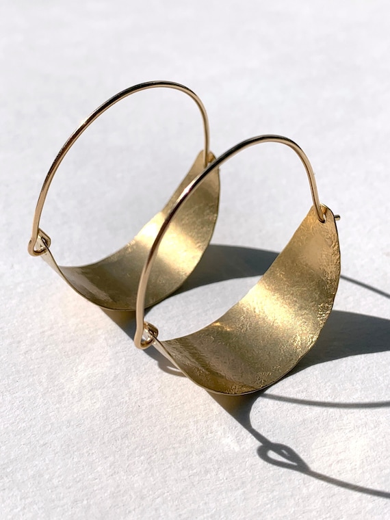 Brass Boat Earrings, Textured Bold Earrings, Handmade Jewelry, 14k Gold Fill