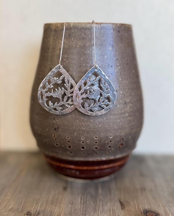 Pewter Botanical Teardrop, Modern Pewter Lead Free, Handmade Minimalist Earrings