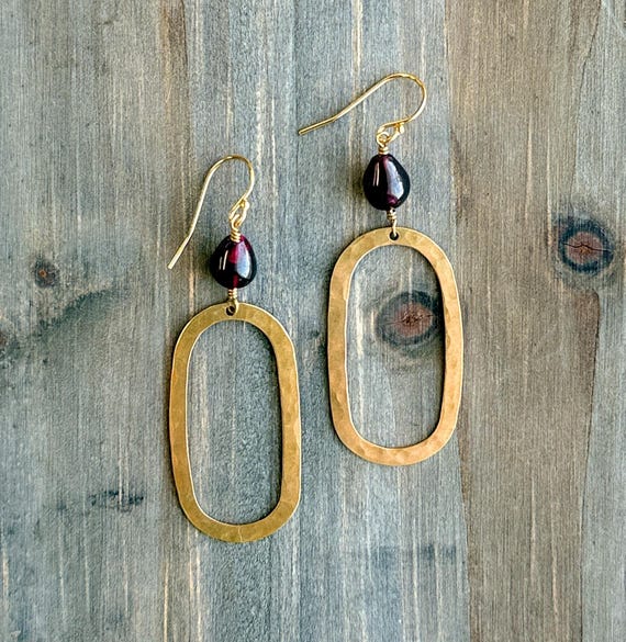 Garnet & Gold Oval Earrings, Brass and 14k Gold Fill