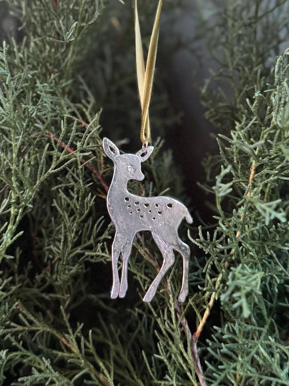 Handmade Ornament, Fawn, Deer, Pewter,  Velvet Ribbon.