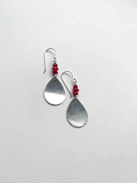 Silver & Carnelian Earrings, Pretty Hammered Texture Sterling Silver Teardrop, Natural Red Orange Gemstone Earrings