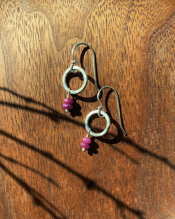 Sterling Silver & Ruby Gemstone Earrings, Hammered Silver Circle Red Earrings, July Birthstone, Lightweight Everyday Jewelry