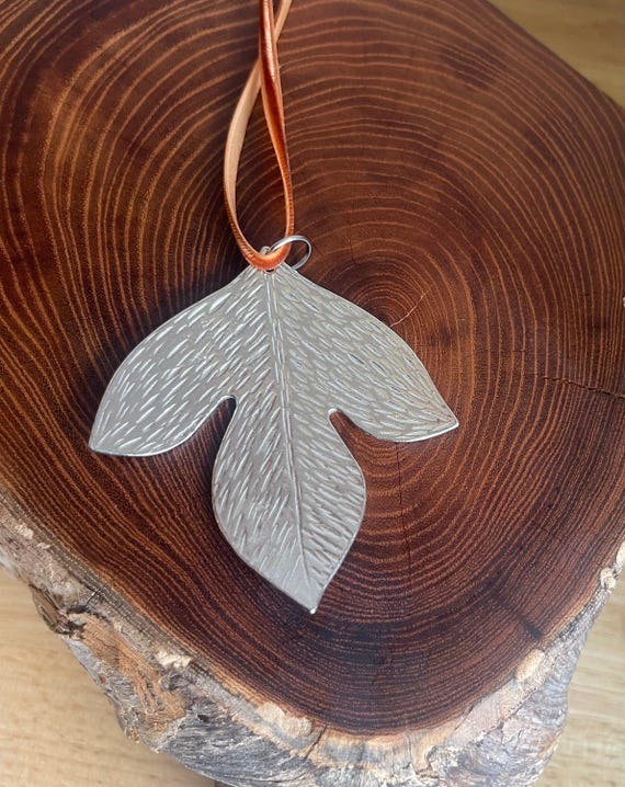 Handmade Ornament, Pewter, Sassafras Leaf, Velvet Ribbon.
