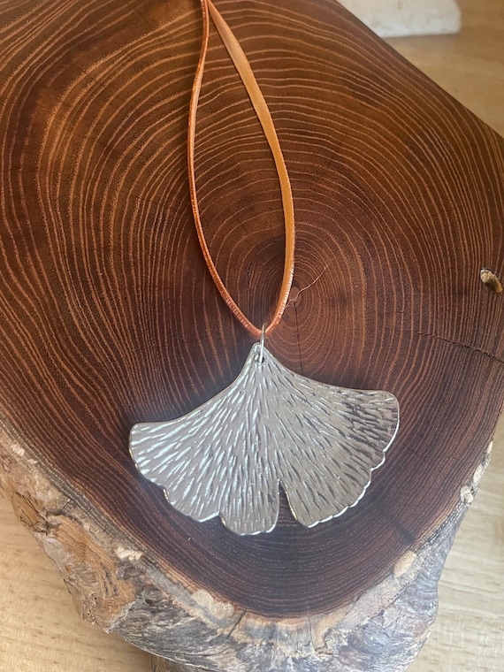 Handmade Ornament, Pewter, Ginko Leaf,  Velvet Ribbon, Leaf decor.