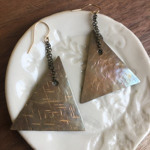 Large Triangle Earrings, Chain Dangling Earrings, Textured Brass Jewelry