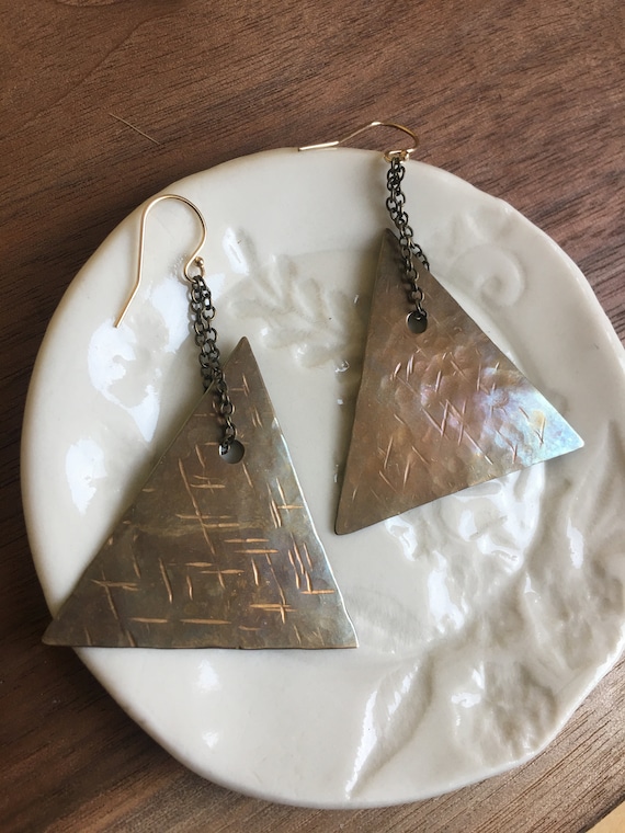 Large Triangle Earrings, Chain Dangling Earrings, Textured Brass Jewelry