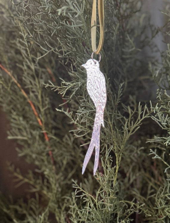 Handmade Ornament, Elegant Long Bird, Pewter,  Velvet Ribbon, silver