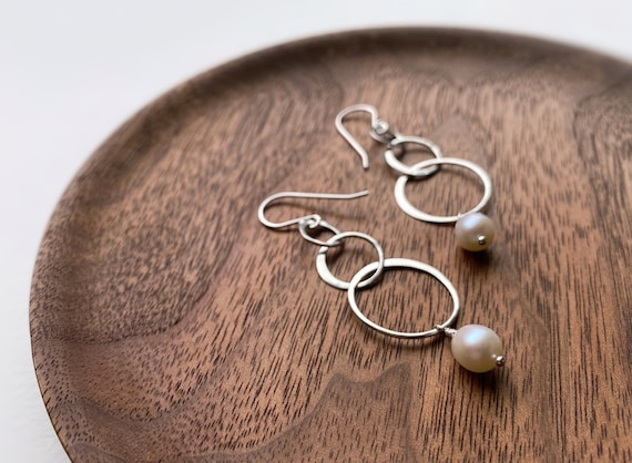Silver & Pearl Earrings, Pretty Hammered Sterling Silver Triple Circles, Natural Freshwater Pearl Earrings, June Birthstone Jewelry