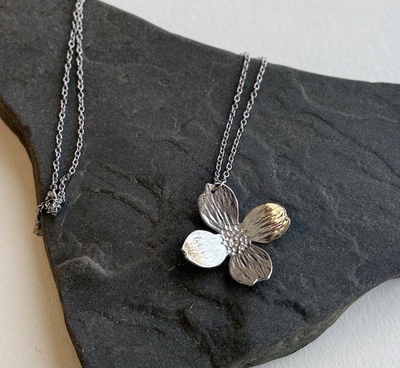 Pewter Dogwood Flower Necklace, Modern Pewter Lead Free, Handmade Necklace