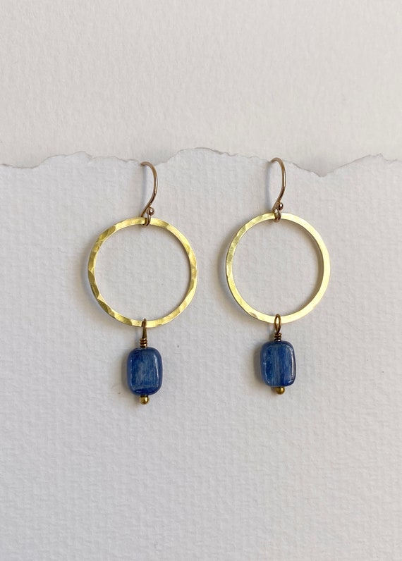 Brass & Blue Kyanite Earrings, Pretty Brass Circle, Gold and Blue Earrings, Natural Kyanite Gemstone