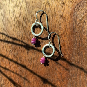 Sterling Silver & Ruby Gemstone Earrings, Hammered Silver Circle Red Earrings, July Birthstone, Lightweight Everyday Jewelry