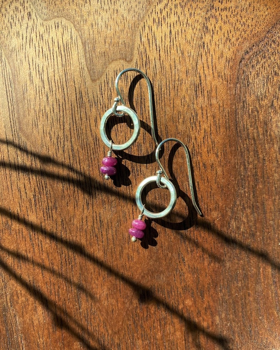 Sterling Silver & Ruby Gemstone Earrings, Hammered Silver Circle Red Earrings, July Birthstone, Lightweight Everyday Jewelry