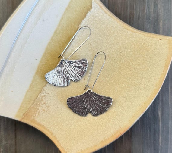 Pewter Ginkgo Leaf Earrings, Fan Style, Modern Pewter Lead Free, Handmade Botanical Earrings