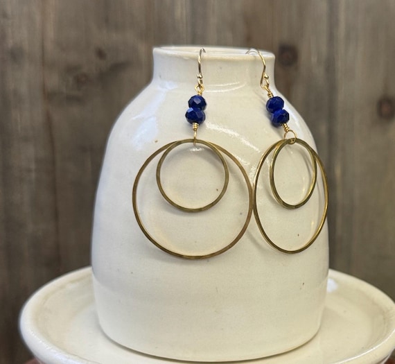 Lapis & Gold Double Hoop Earrings, December Birthstone, Brass 14k Gold Fill