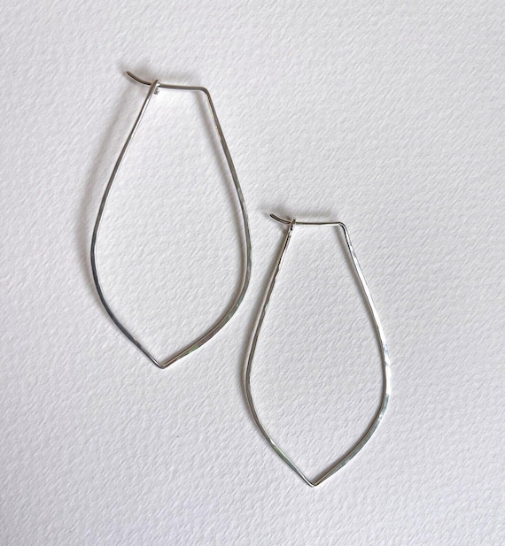 Silver Hoop Earrings, Petal Shaped Marquis, Sterling Silver Jewelry