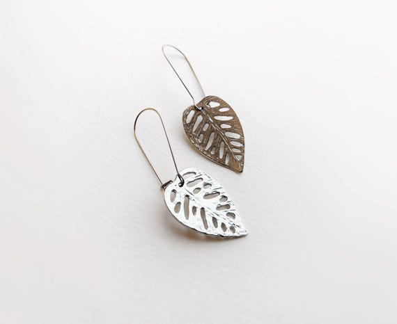 Pewter Monstera Leaf Earrings, Tropical House Plant Jewelry, Swiss Cheese Plant, Modern Pewter Lead Free, Handmade Botanical Earrings