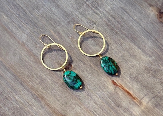 Turquoise & Brass Small Hoop Earrings