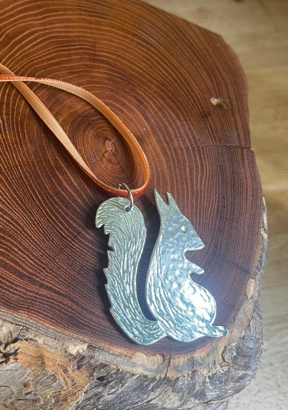Handmade Ornament, Pewter Squirrel, Velvet Ribbon.