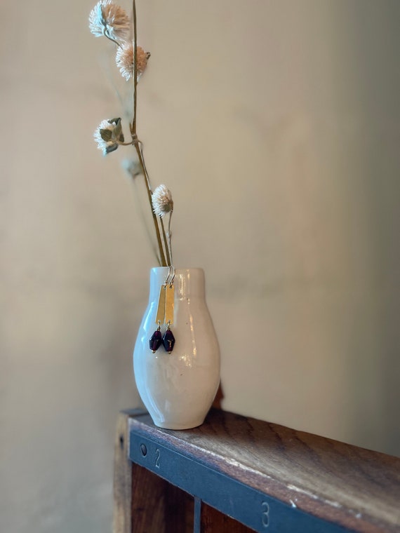 Long Brass Rectangle with garnet stone earrings, Dark Red Earrings, Garnet Earrings