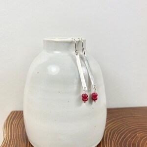 Sterling Silver & Ruby Earrings, Pretty Hammer Texture Silver Rectangle, Natural Red Gemstone Earrings, July birthstone