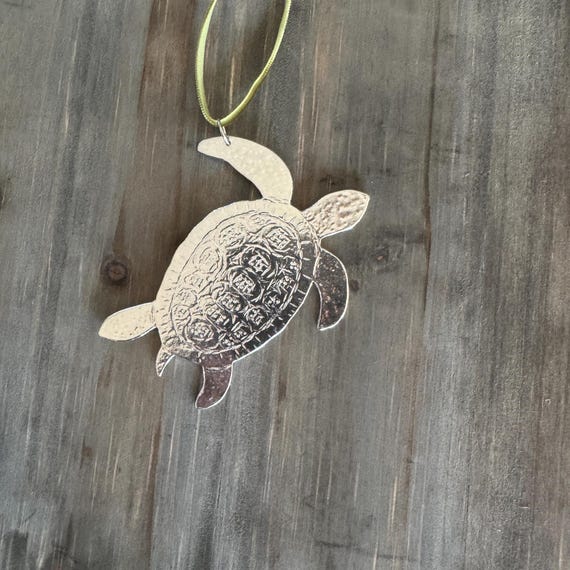 Handmade Ornament, Sea Turtle Pewter,  Velvet Ribbon.