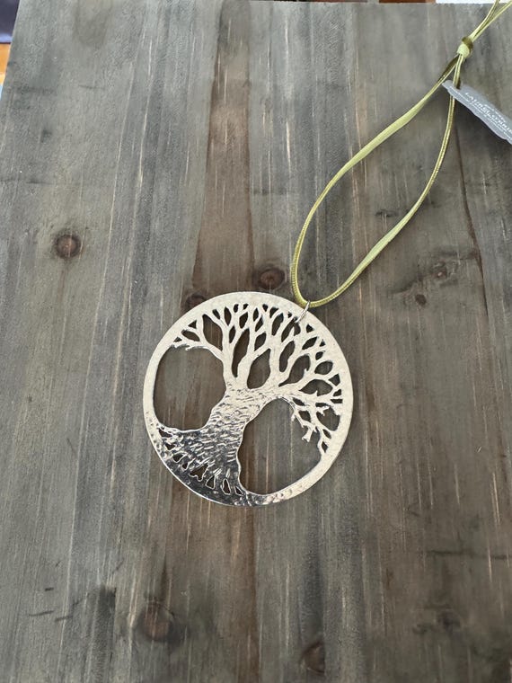Handmade Ornament, Tree of Life, Pewter,  Velvet Ribbon, silver