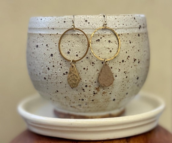 Brass Hoop & Teardrop Earrings, Simple Gold Earrings, Hammered Jewelry