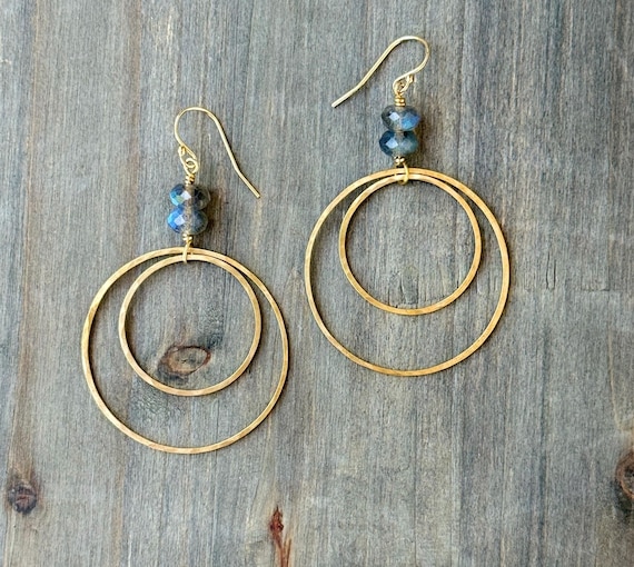 Brass & Labradorite Double Loop Earrings.