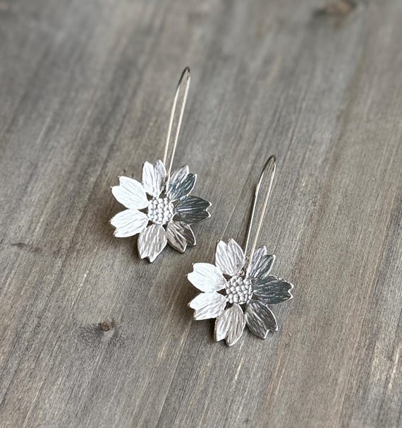 Pewter Cornflower Earrings, Modern Pewter Lead Free, Handmade Botanical Earrings