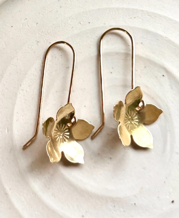 Pretty Brass Flower Earrings,  Pretty Hammered Long Gold Botanical Jewelry,