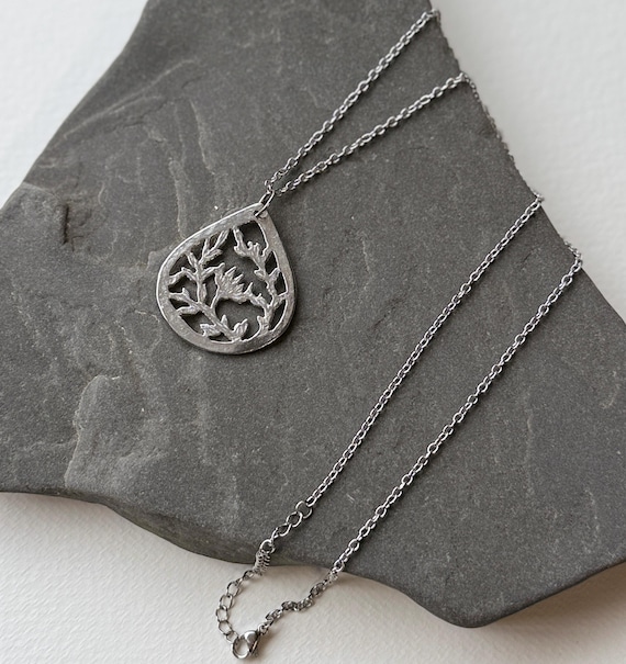 Pewter Botanical Necklace, Teardrop, Floral Design, Modern Pewter Lead Free, Handmade Necklace