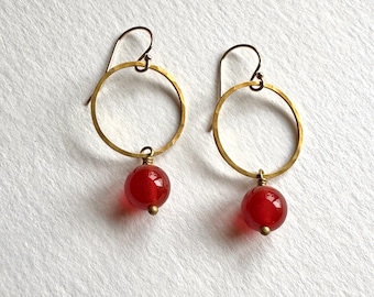 Brass & Carnelian Earrings, Pretty Hammered Long Hoop Earrings.  Natural Orange Gemstone Earrings.