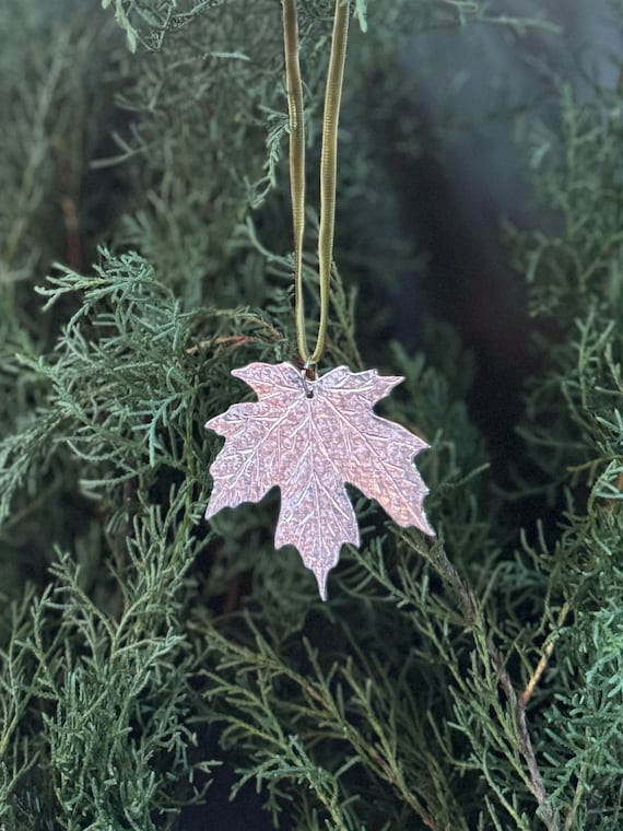 Handmade Ornament, Maple Leaf, Pewter,  Velvet Ribbon, silver