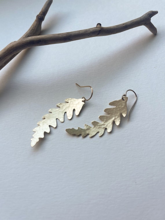 Brass Fern Earrings, Hammered Gold Leaf Earrings, Botanical Jewelry